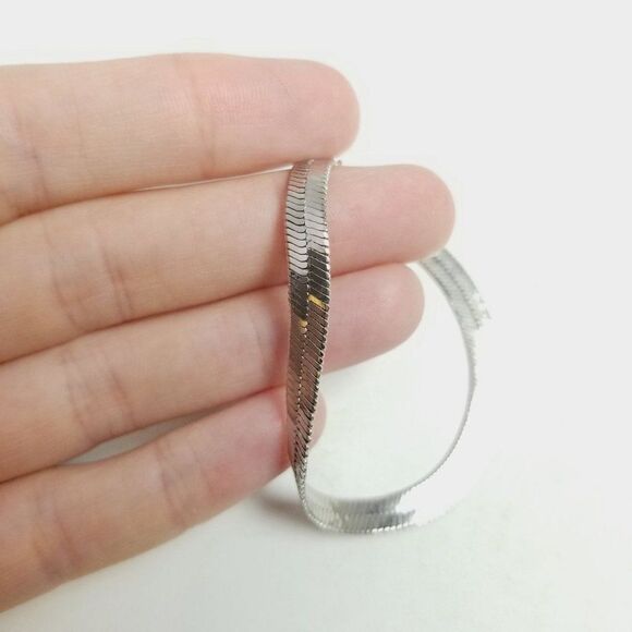 Vintage Flat Chain Bracelet, Sivler Tone, Herringbone Lobster Clasp, Classic - Picture 2 of 4